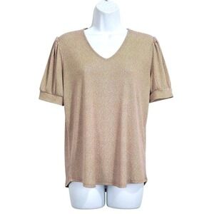 Adrianna Papell‎ Top Womens Small Beige White V-Neck Short Puff Sleeve Dot Print